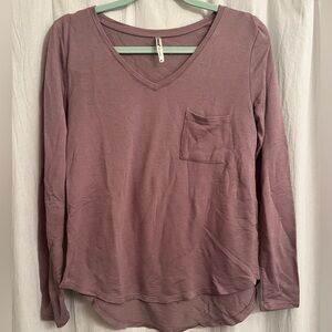 Taupe/purple long sleeve, worn